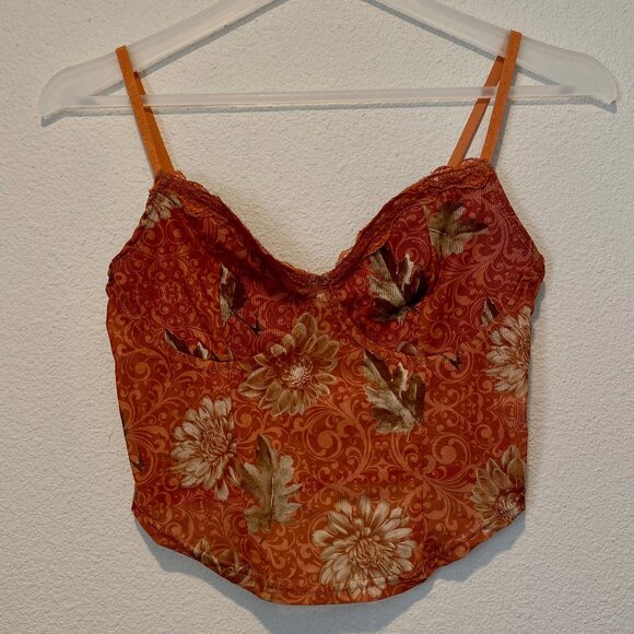 Y2K‎ Brown Floral Mesh Corset Style Camisole Top Size Large - Picture 1 of 4